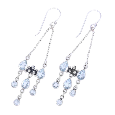 Blue topaz chandelier earrings, 'Glittering Dance' - Sterling Silver and Blue Topaz Dotted Chandelier Earrings