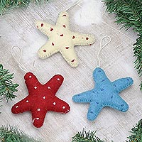 Wool felt ornaments, 'Festive Sea Stars' (set of 3) - Festive Starfish Ornaments Made in India (Set of 3)