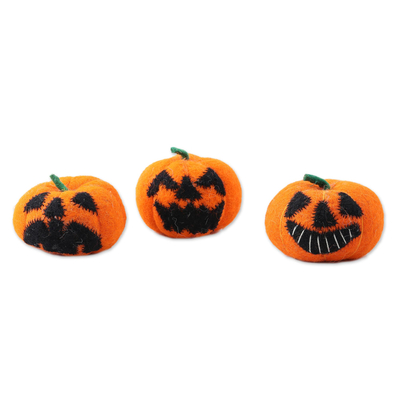 Wool home accents, 'Delightful Jack-o-Lanterns' (set of 3) - Handmade Wool Jack-o-Lantern Home Accents (Set of 3)