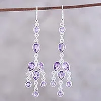 Amethyst chandelier earrings, 'Leafy Adornment' - Sterling Silver and Purple Amethyst Chandelier Earrings