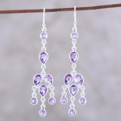 Amethyst chandelier earrings, 'Leafy Adornment' - Sterling Silver and Purple Amethyst Chandelier Earrings