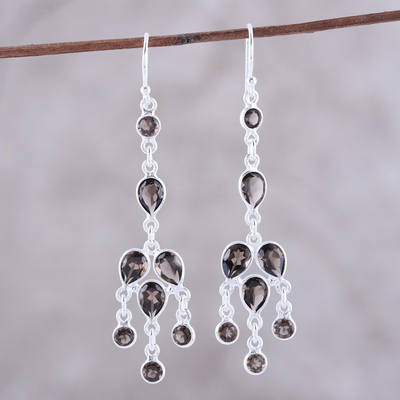 Smoky quartz chandelier earrings, 'Leafy Adornment' - Sterling Silver and Smoky Quartz Chandelier Earrings