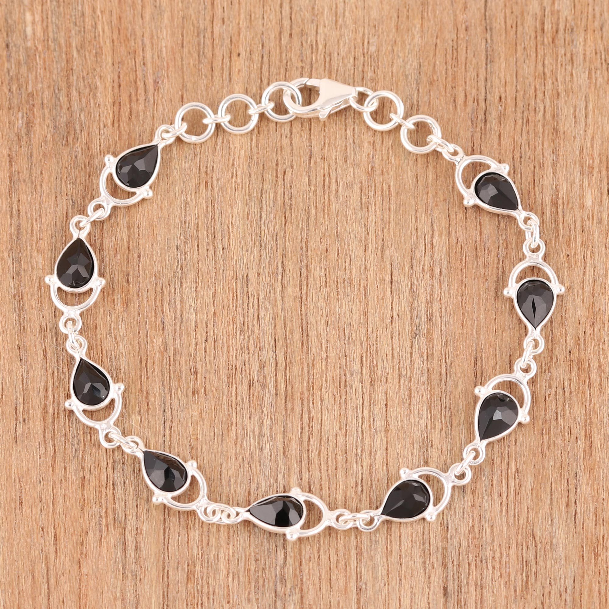 Sterling Silver and Black Onyx Raindrop Link Bracelet
