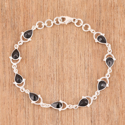 Onyx link bracelet, 'Wondrous Rain' - Sterling Silver and Black Onyx Raindrop Link Bracelet
