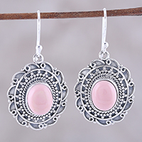 Opal dangle earrings, 'Scintillating Scallops' - Sterling Silver Oval Frame Pink Opal Dangle Earrings