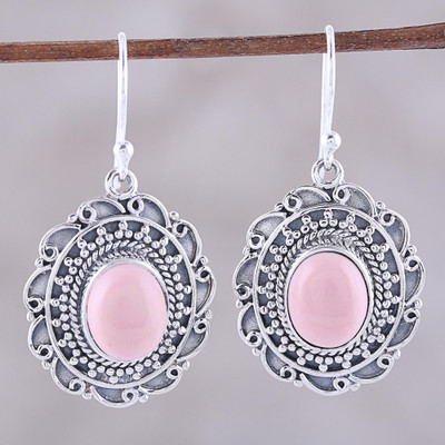 Opal dangle earrings, 'Scintillating Scallops' - Sterling Silver Oval Frame Pink Opal Dangle Earrings