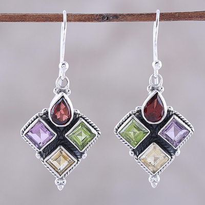 Multi-gemstone dangle earrings, 'Sparkling Quartet' - Indian Garnet Citrine Peridot and Amethyst Dangle Earrings