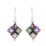 Multi-gemstone dangle earrings, 'Sparkling Quartet' - Indian Garnet Citrine Peridot and Amethyst Dangle Earrings