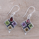 Multi-gemstone dangle earrings, 'Sparkling Quartet' - Indian Garnet Citrine Peridot and Amethyst Dangle Earrings