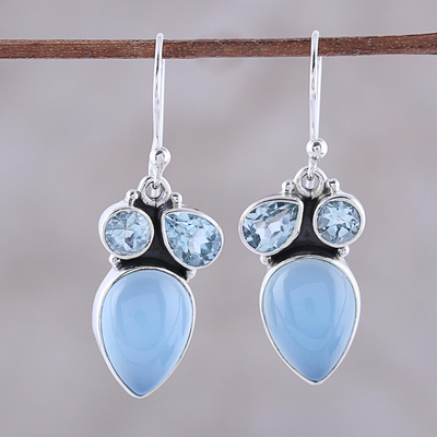 Blue topaz and chalcedony dangle earrings, 'Oceanic Dazzle' - Sterling Silver Blue Topaz and Chalcedony Dangle Earrings