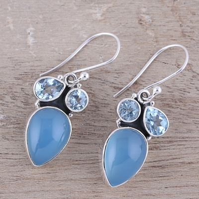 Blue topaz and chalcedony dangle earrings, 'Oceanic Dazzle' - Sterling Silver Blue Topaz and Chalcedony Dangle Earrings