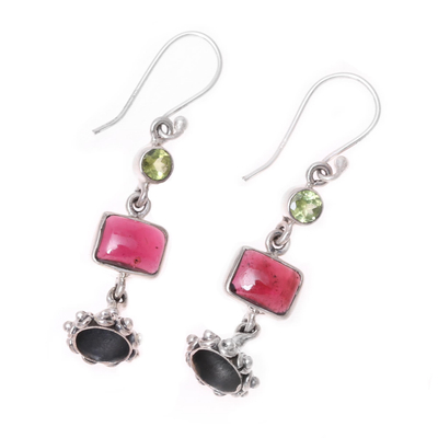 Garnet and peridot dangle earrings, 'Magnificent Jhumki' - Garnet and Peridot Jhumki Dangle Earrings from India