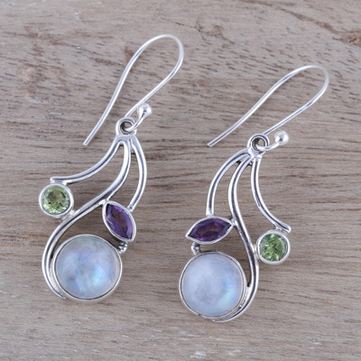 Multi-gemstone dangle earrings, 'Triple Fascination' - Multi-Gemstone Dangle Earrings from India