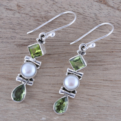 Peridot and cultured pearl dangle earrings, 'Classic Fusion' - Peridot and Cultured Pearl Dangle Earrings from India