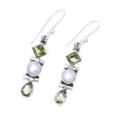 Peridot and cultured pearl dangle earrings, 'Classic Fusion' - Peridot and Cultured Pearl Dangle Earrings from India