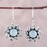 Blue topaz and chalcedony dangle earrings, 'Sky Glory' - Blue Topaz and Chalcedony Dangle Earrings from India
