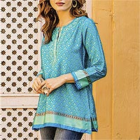Embroidery trim tunic, 'Flowers of the Sea' - Embroidery Trim Tunic in Azure and Aqua from India