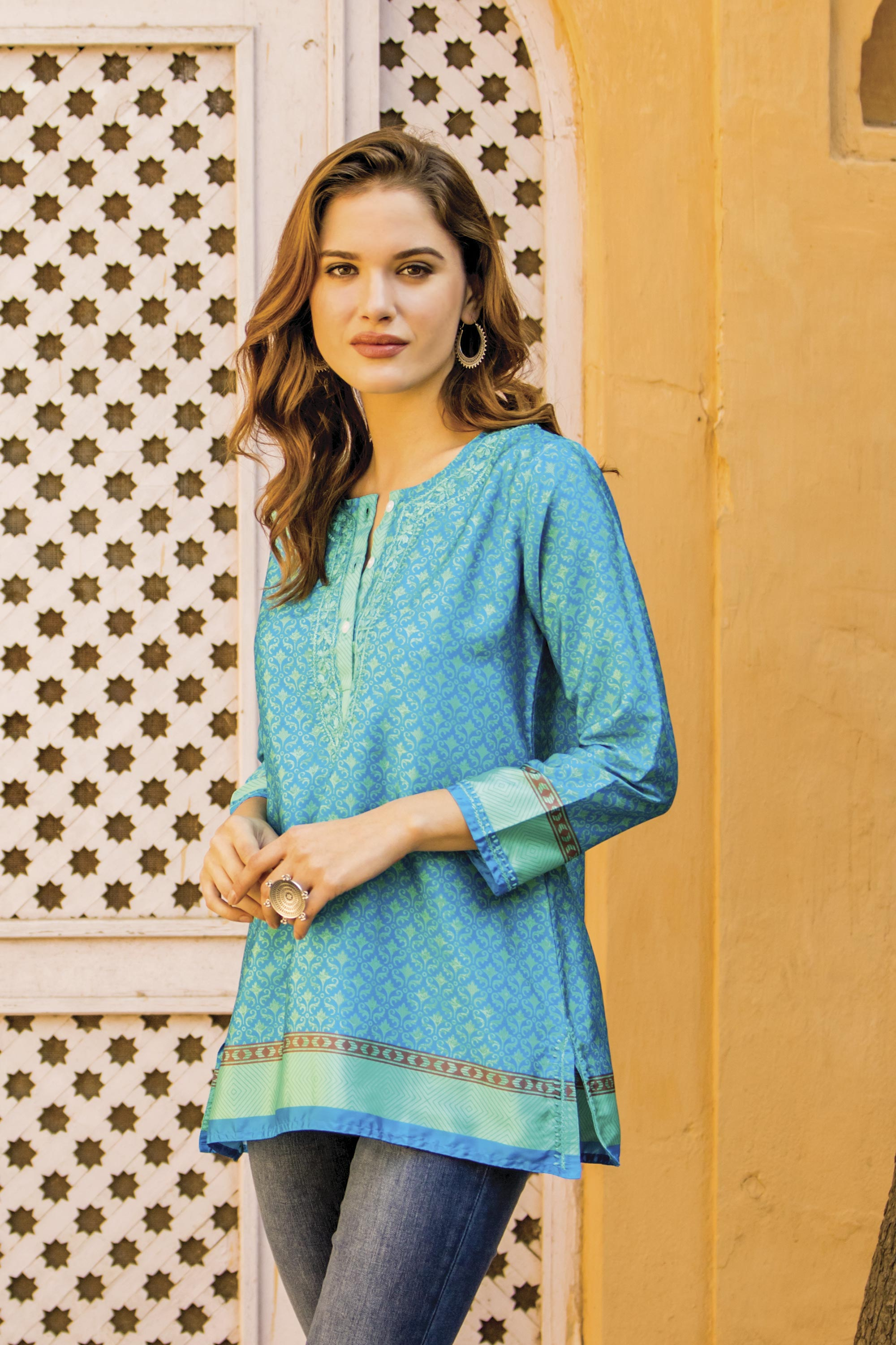 UNICEF Market | Embroidery Trim Tunic in Azure and Aqua from India ...