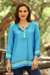 Embroidered tunic, 'Flowers of the Sea' - Embroidery Trim Tunic in Azure and Aqua from India