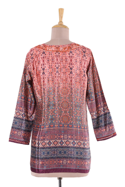 Embroidery trim tunic, 'Palace Intrigue' - Embroidery Trim Tunic in Pumpkin and Blush from India