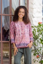 Embroidered tunic, 'Antique Petal' - Embroidered Tunic in Petal Pink and Cream from India