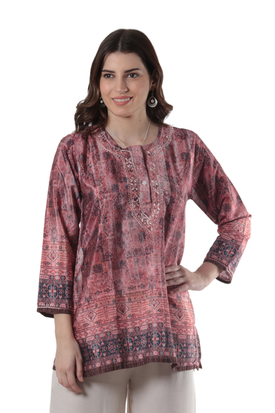 Embroidered Tunic in Petal Pink and Cream from India - Antique Petal ...