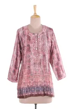 Embroidered tunic, 'Antique Petal' - Embroidered Tunic in Petal Pink and Cream from India