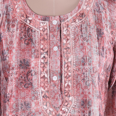 Embroidered tunic, 'Antique Petal' - Embroidered Tunic in Petal Pink and Cream from India