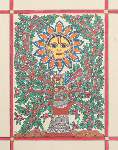 Sun and Tree-Themed Madhubani Painting from India