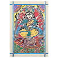 Pintura Madhubani, 'Durga' - Pintura hindú Madhubani de Durga de la India