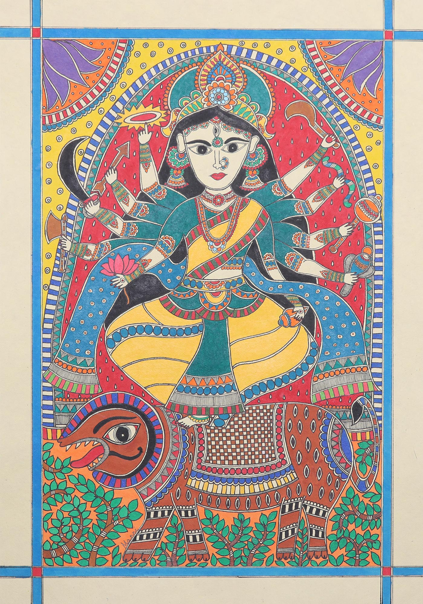 Hindu Madhubani Painting of Durga from India - Durga | NOVICA