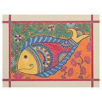 Madhubani painting, 'Water World' - Fish-Themed Madhubani Painting from India