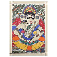 Madhubani painting, 'Pious Ganesha' - Madhubani Painting of Hindu God Ganesha from India