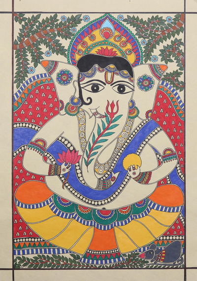 Pintura Madhubani, 'Pious Ganesha' - Pintura Madhubani del dios hindú Ganesha de la India