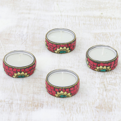 Brass and resin tealight holders, Floral Glow in Red (set of 4)