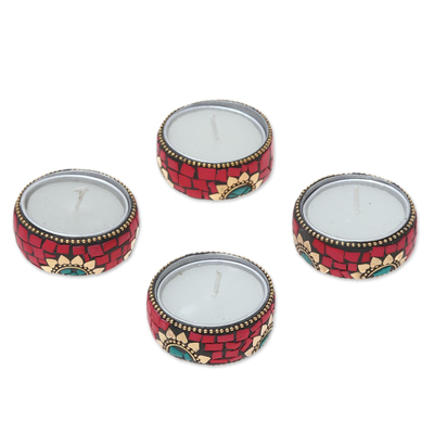 Floral Brass and Resin Tealight Holders in Red (Set of 4)
