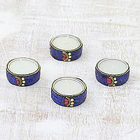 Aluminum and resin tea lights, 'Shimmering Stars' (set of 4) - Set of Four Resin Coated Tea Lights with Brass Beads