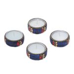 Aluminum and resin tea lights, 'Shimmering Stars' (set of 4) - Set of Four Resin Coated Tea Lights with Brass Beads