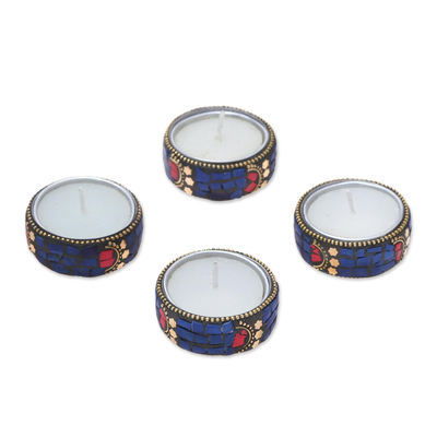 Set of Four Resin Coated Tea Lights with Brass Beads