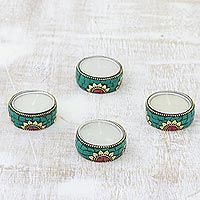 Brass and resin tealight holders, 'Floral Glow in Green' (set of 4) - Floral Brass and Resin Tealight Holders in Green (Set of 4)