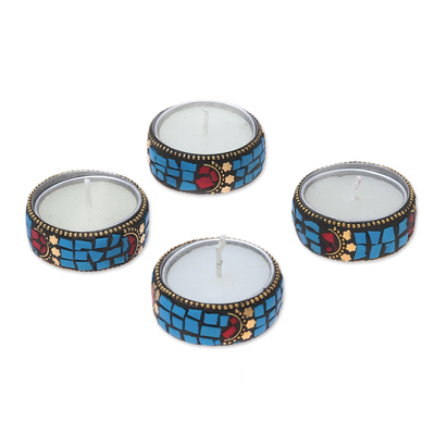 Brass and resin tealight holders, 'Light Blue Shimmering Stars' (set of 4) - Aluminum and Resin Tealight Holders in Light Blue (Set of 4)