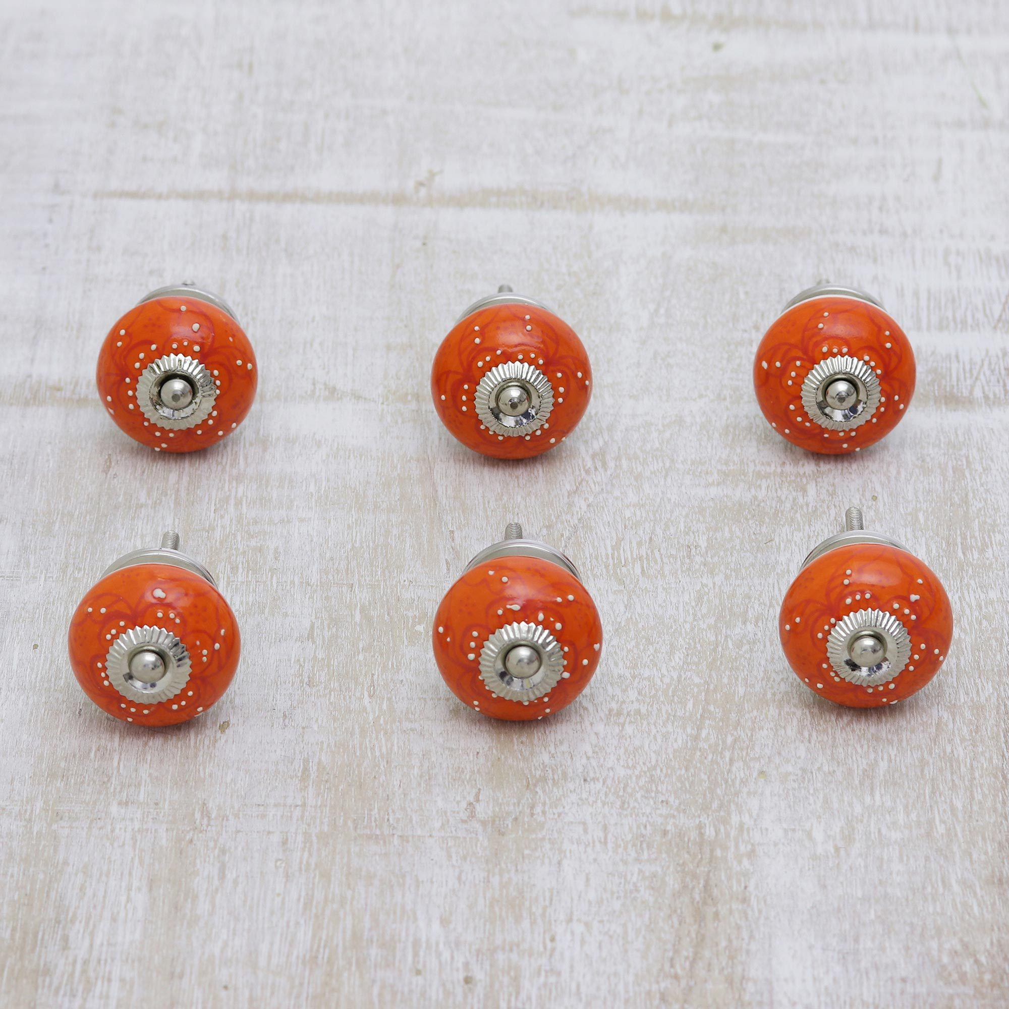 Orange Floral Ceramic Knobs Or Drawer Pulls Set Of 6 Orange