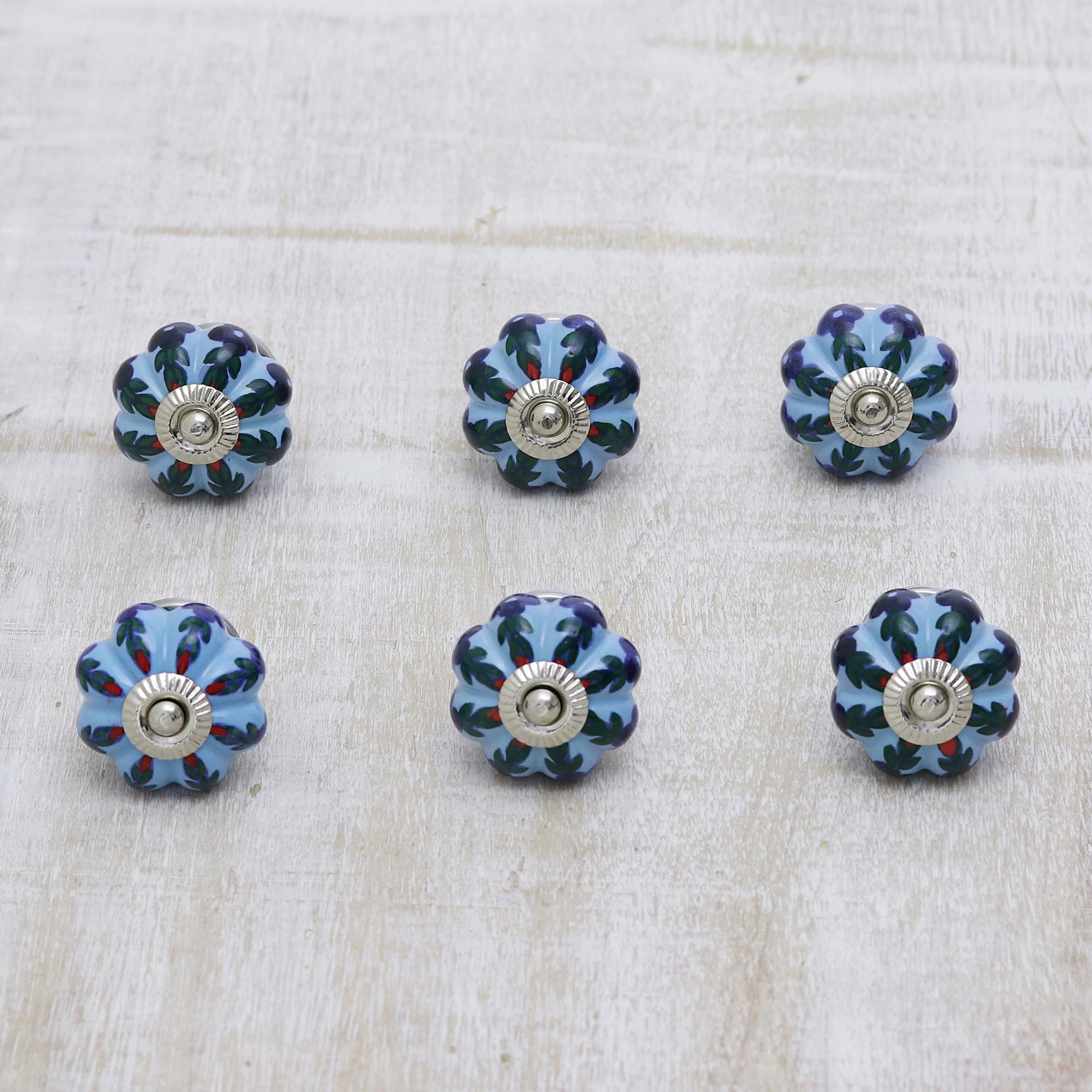 Hand Painted Ceramic Drawer Pulls In Blue Set Of 6 Blue Vine