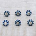 Ceramic knobs, 'Blue Vine' (set of 6) - Hand Painted Ceramic Drawer Pulls in Blue (Set of 6)