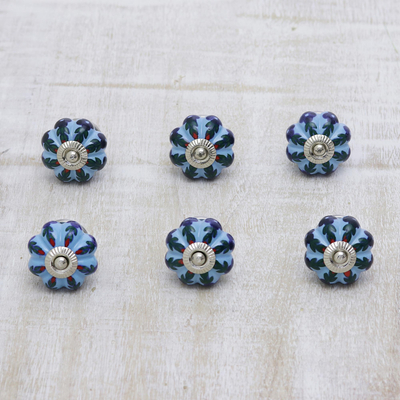 Ceramic knobs, 'Blue Vine' (set of 6) - Hand Painted Ceramic Drawer Pulls in Blue (Set of 6)