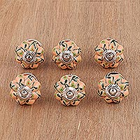 Ceramic knobs, 'Garden Route' (set of 6) - Yellow and Green Floral Ceramic Cabinet Knobs (Set of 6)