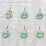 Ceramic knobs, 'Green Snail' (set of 6) - Handmade Mint Green Snail Ceramic Knobs (Set of 6)