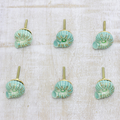 Ceramic knobs, 'Green Snail' (set of 6) - Handmade Mint Green Snail Ceramic Knobs (Set of 6)
