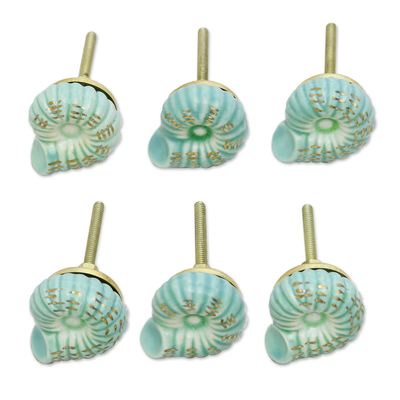 Ceramic knobs, 'Green Snail' (set of 6) - Handmade Mint Green Snail Ceramic Knobs (Set of 6)
