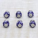 Ceramic knobs, 'Blue Majesty' (set of 6) - Set of 6 Handpainted Ceramic Knobs with Floral Motifs